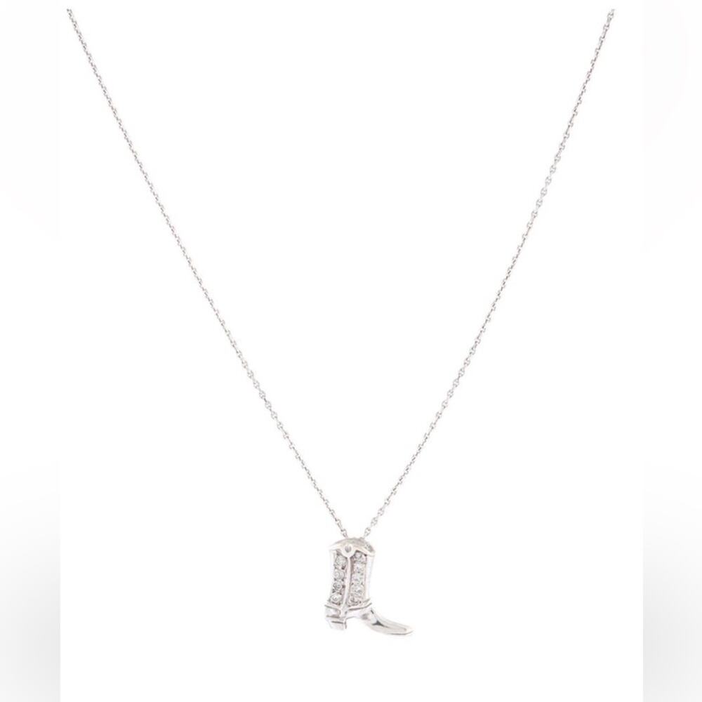 14K White Gold Real Diamond Western Cowboy Cowgirl Boot Pendant Necklace